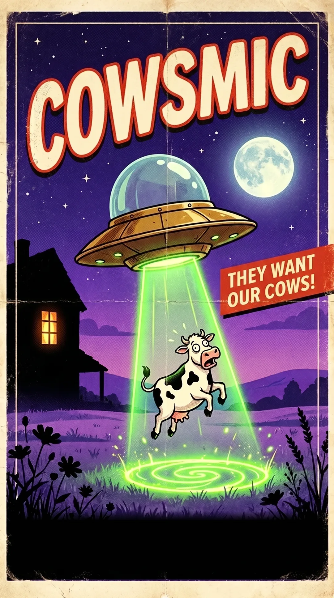 Cowsmic poster: a brass saucer beams up a panicked cow over the French countryside